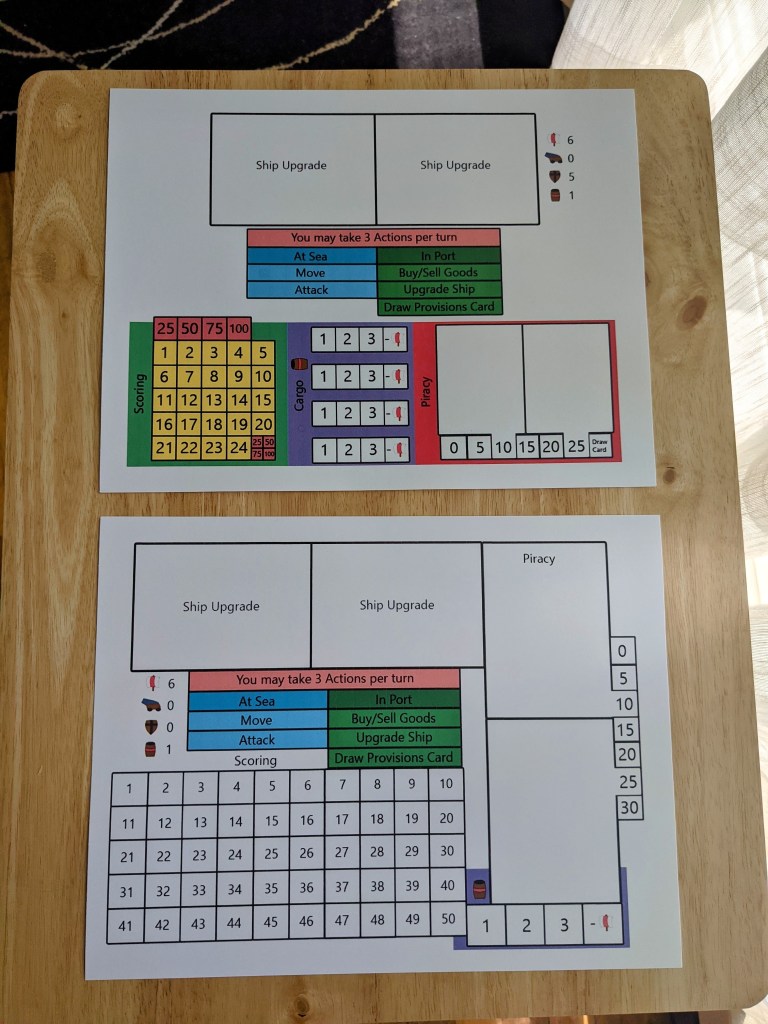 Cutthroat Fruit Merchant player boards, both old and new.